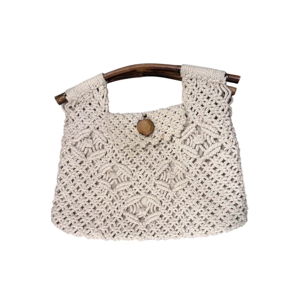 VTG Handmade Crochet Bamboo Handle Boho Handbag Ivory Coastal Grandma Coquette